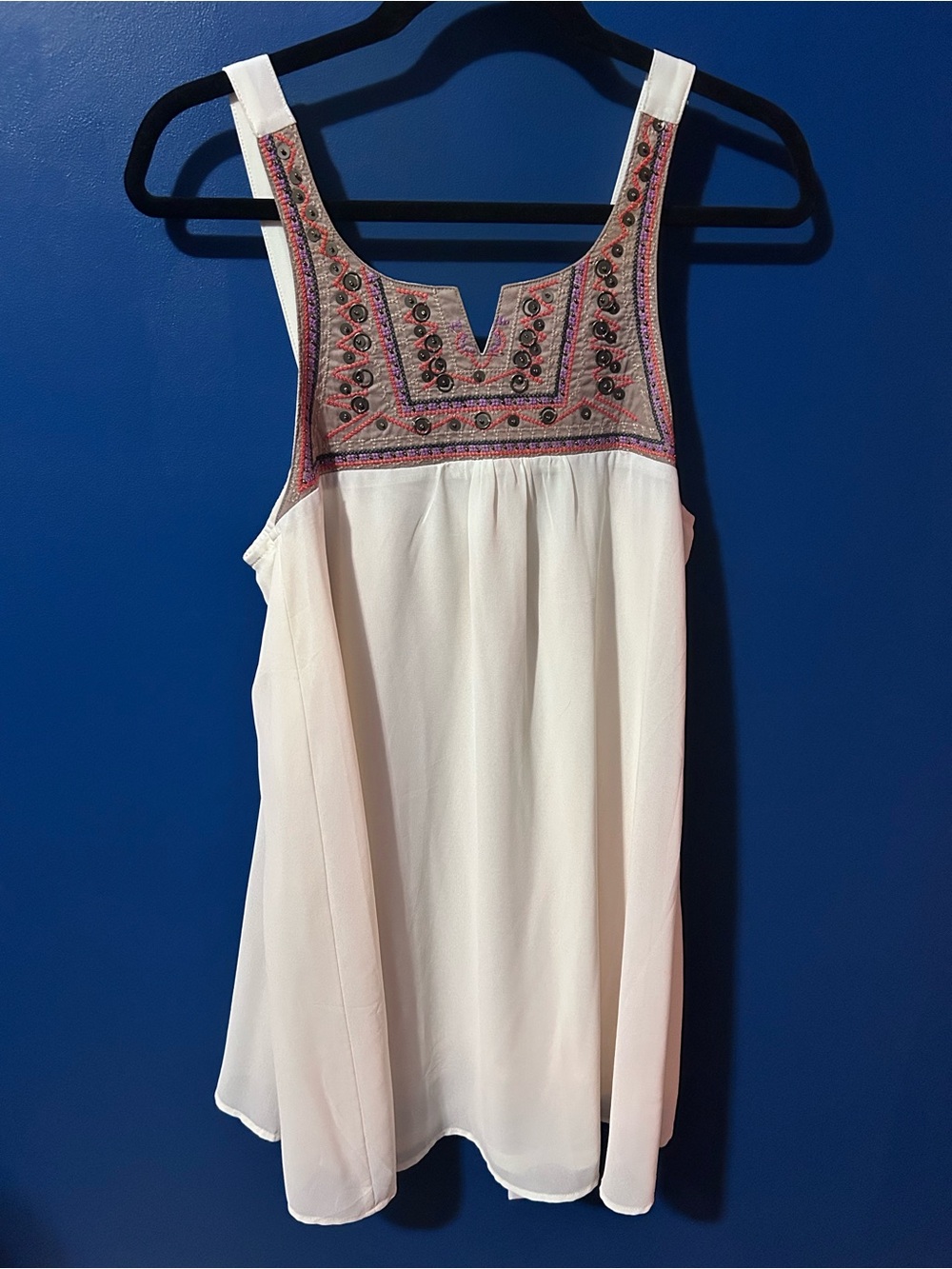 Umgee EUC Women’s Size Small Swingy Cross Stitched Ivory Babydoll Dress MIDI